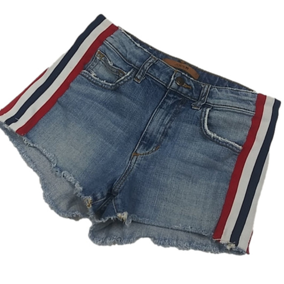 Joe's Blue Medium Wash Faded Distressed Five Pocket Mid Rise Raw Hem Jean Short - Picture 1 of 14
